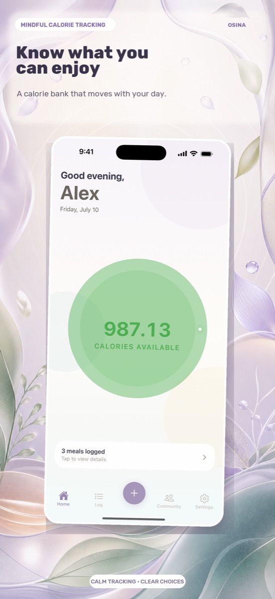 Osina home screen showing calories available